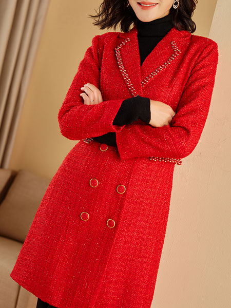 班缇娜女装品牌2021秋冬红色长款呢子大衣