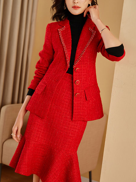 班缇娜女装品牌2021秋冬收腰红色气质套装