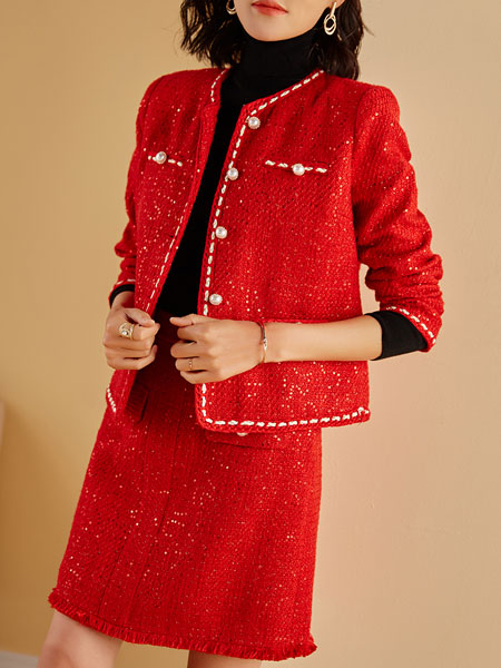班缇娜女装品牌2021秋冬红色时尚气质套装