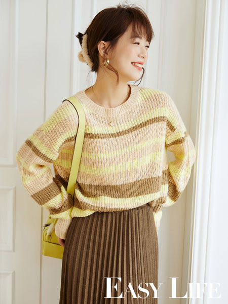 朗文斯汀女装品牌2021冬季复古条纹柔软毛衣