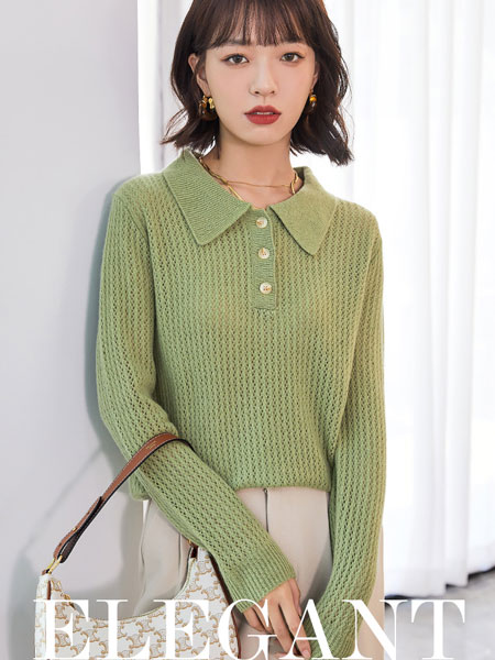 朗文斯汀女装品牌2021冬季绿色时尚针织开衫