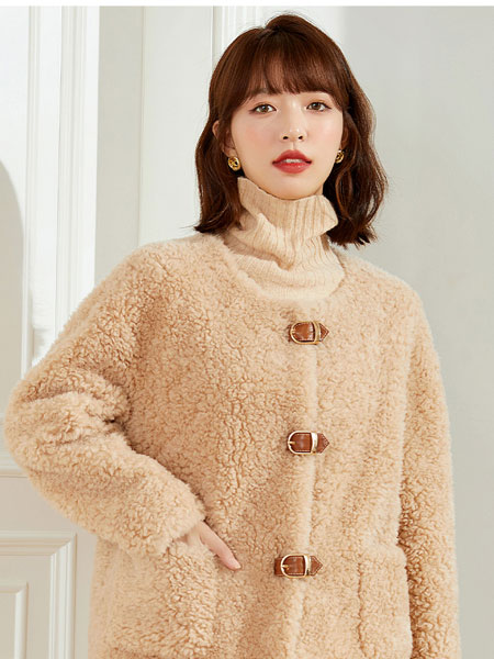 朗文斯汀女装品牌2021冬季圆领羊羔毛柔软棉服
