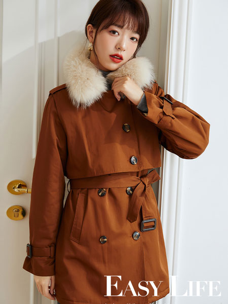 朗文斯汀女装品牌2021冬季毛领收腰气质外套