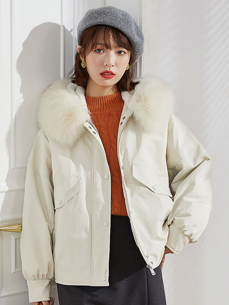 朗文斯汀女装品牌2021冬季毛领短款气质棉服