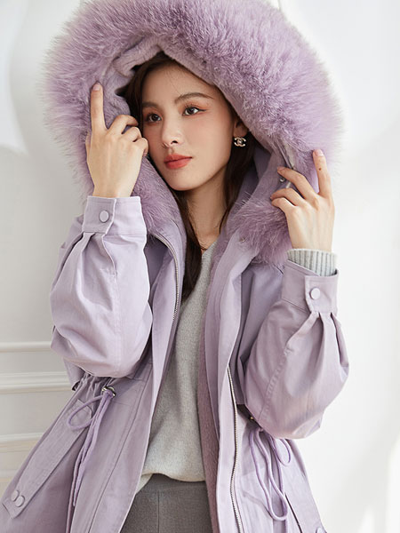 朗文斯汀女装品牌2021冬季毛领紫色气质棉服