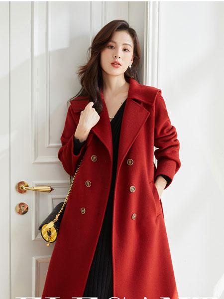 朗文斯汀女装品牌2021冬季红色显白长款大衣