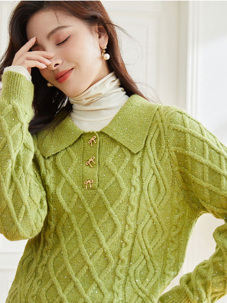 朗文斯汀女装品牌2021冬季绿色柔软针织毛衣