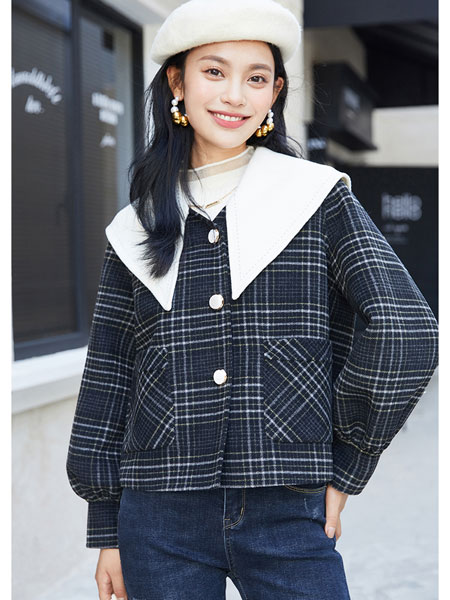 洛呗一女装品牌2021冬季韩版短款格子外套