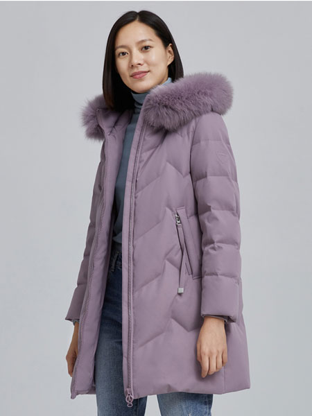 坦博尔女装品牌2021冬季紫色毛领中长款气质羽绒服