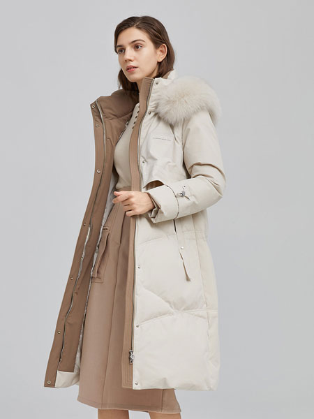 坦博尔女装品牌2021冬季毛领中长款简约羽绒服