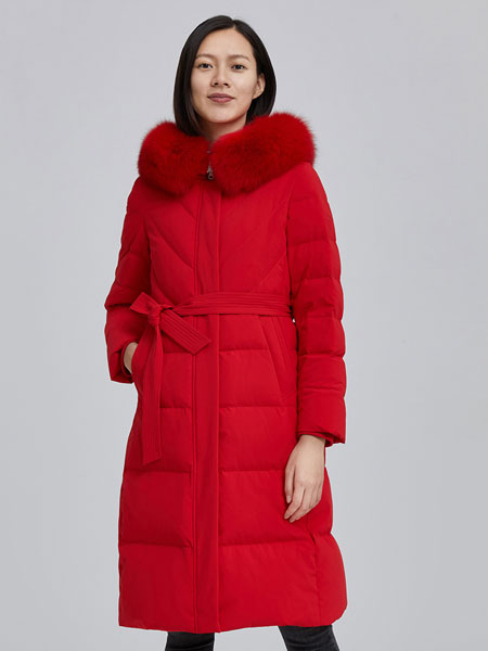 坦博尔女装品牌2021冬季红色长款保暖羽绒服