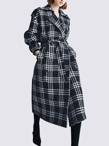 玛依尔女装品牌2021冬季系腰带长款格纹大衣