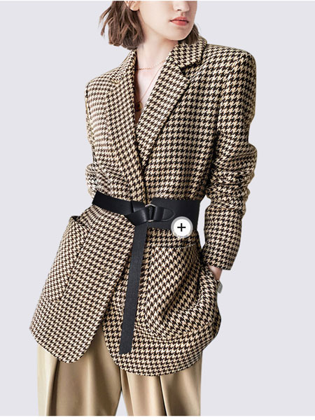 玛依尔女装品牌2021冬季格子系腰带外套