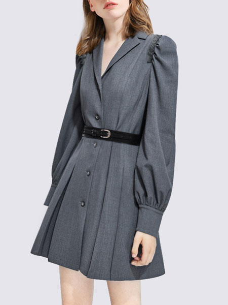 玛依尔女装品牌2021冬季系腰带气质西服连衣裙