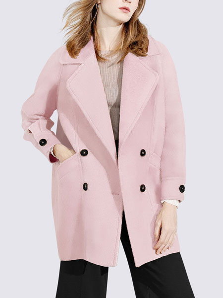 玛依尔女装品牌2021冬季粉色中长款宽松大衣