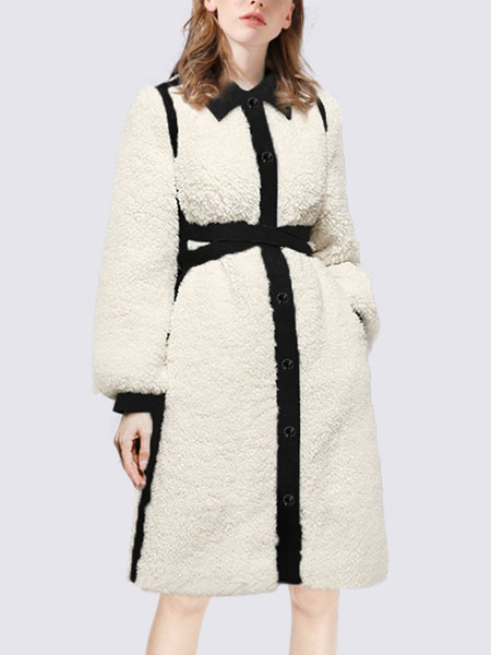 玛依尔女装品牌2021冬季羊羔毛拼接大衣