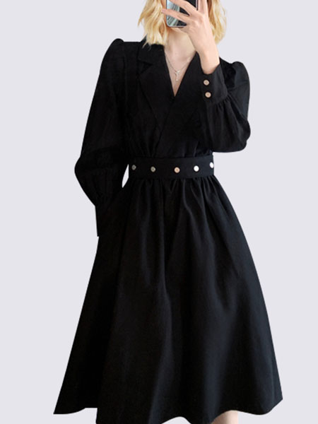 玛依尔女装品牌2021冬季V领系腰带长款连衣裙