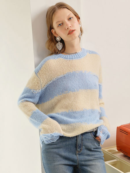 摩萨克女装品牌2021冬季条纹柔软舒适毛衣