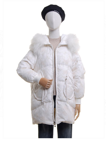 邦珈女装品牌2021冬季纯白毛领羽绒服