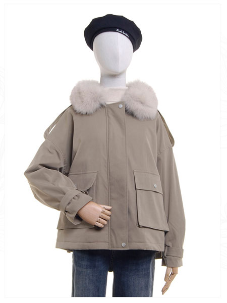 邦珈女装品牌2021冬季毛领短款舒适棉服