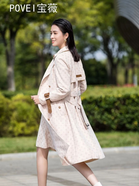 宝薇女装品牌2022春季系腰带中长款气质风衣