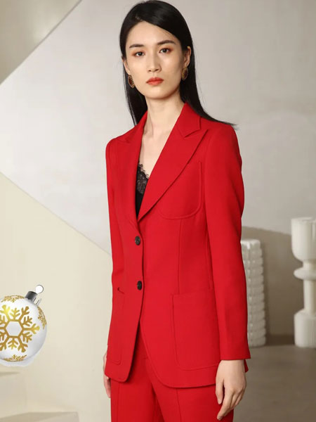 华丹尼女装品牌2021冬季红色喜庆西服套装