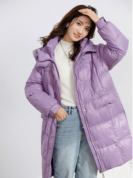 佧茜文女装品牌2021冬季紫色长款气质羽绒服