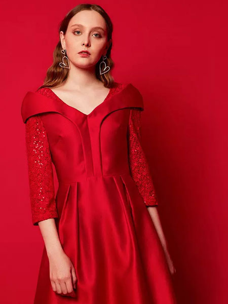 保时霓女装品牌2022春季收腰气质红色连衣裙