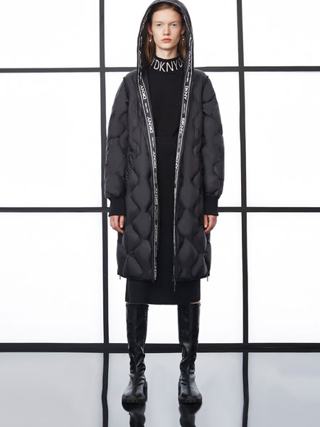 DKNY唐可娜儿女装品牌2021冬季连帽中长款羽绒服
