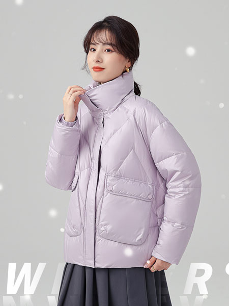 法妮女装品牌2021冬季高领紫色短款保暖羽绒服