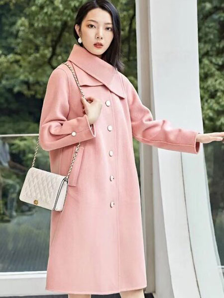 点占女装品牌2021冬季甜美粉色长款呢子大衣