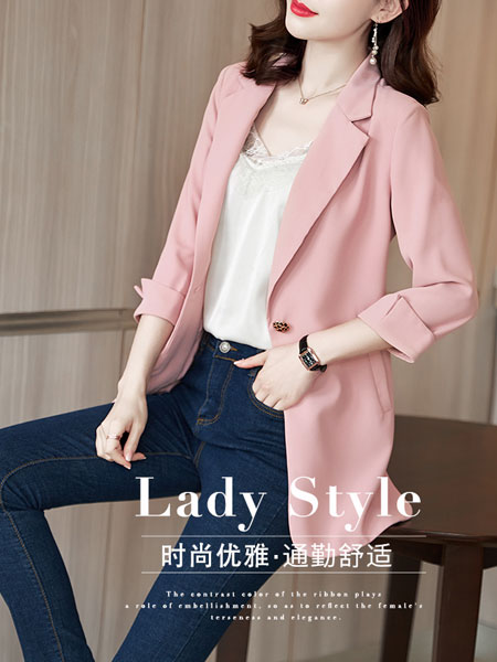 Scarlet斯珈妮女装品牌2022春季粉色宽松小翻领西服外套