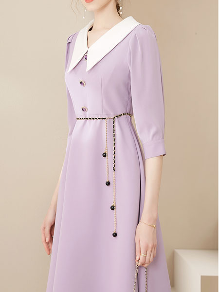 洛诗琳女装品牌2022春季系腰带长款连衣裙