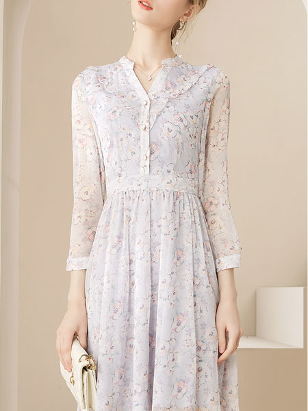 洛诗琳女装品牌2022春季系腰带简约时尚连衣裙