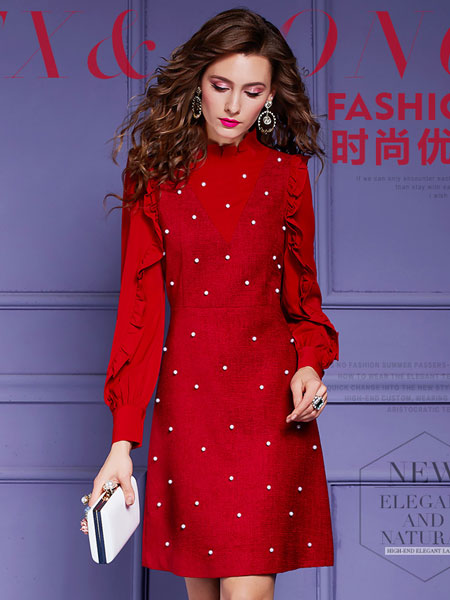菲梦伊女装品牌2022春季花边领短款红色连衣裙