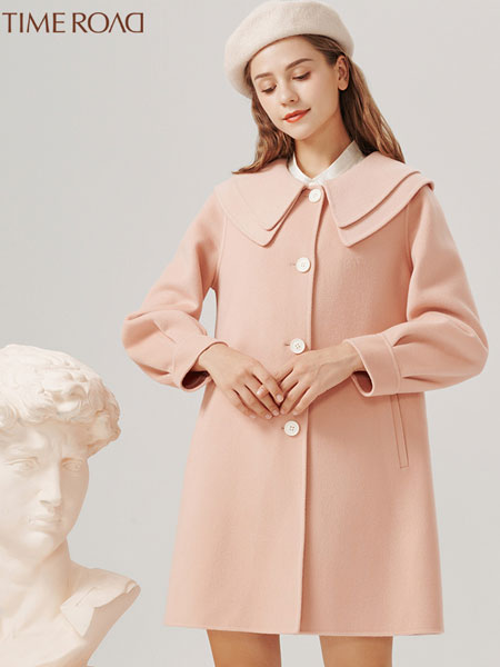 汤米诺女装品牌2021冬季甜美粉色呢子大衣