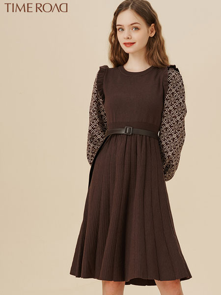 汤米诺女装品牌2021冬季系腰带拼接时尚连衣裙