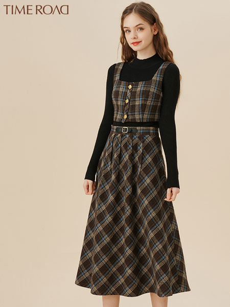 汤米诺女装品牌2021冬季收腰长款韩版连衣裙