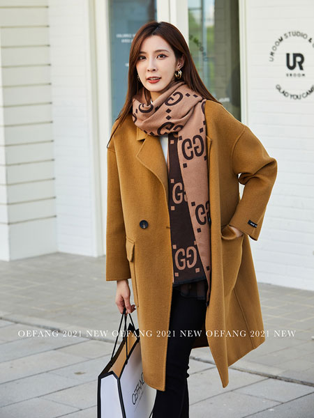 欧一坊女装品牌2021冬季卡其色长款韩版大衣