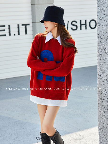欧一坊女装品牌2021冬季刺绣舒适柔软毛衣