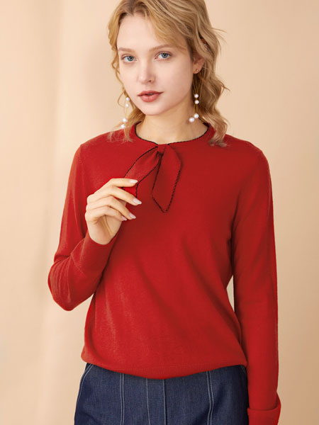 曼哈芙MYHALF女装品牌2021冬季红色气质柔软毛衣