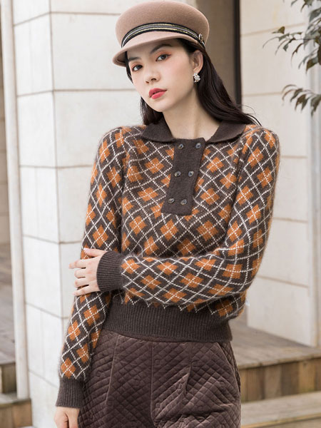 芭依璐女装品牌2021冬季复古时髦针织毛衣