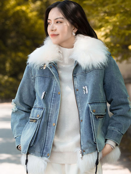 芭依璐女装品牌2021冬季毛领复古气质牛仔外套