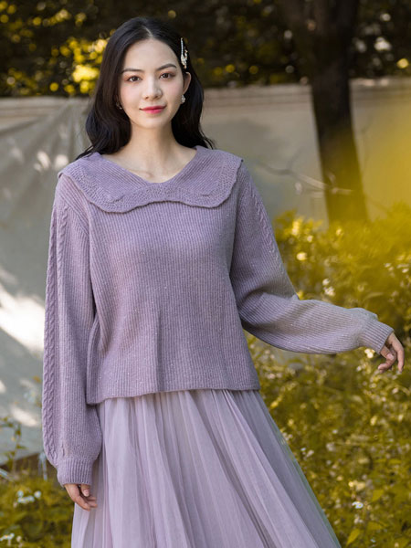 芭依璐女装品牌2021冬季气质柔软紫色毛衣