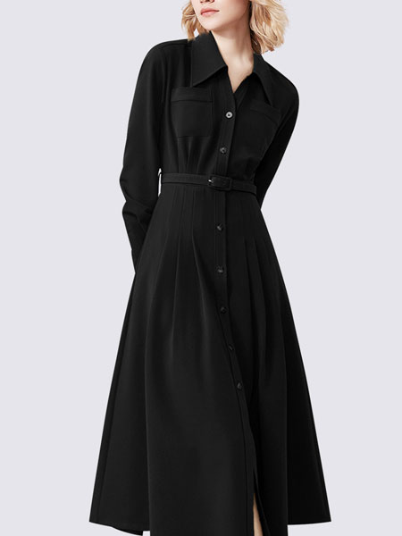 玛依尔女装品牌2022春季收腰纯色连衣裙