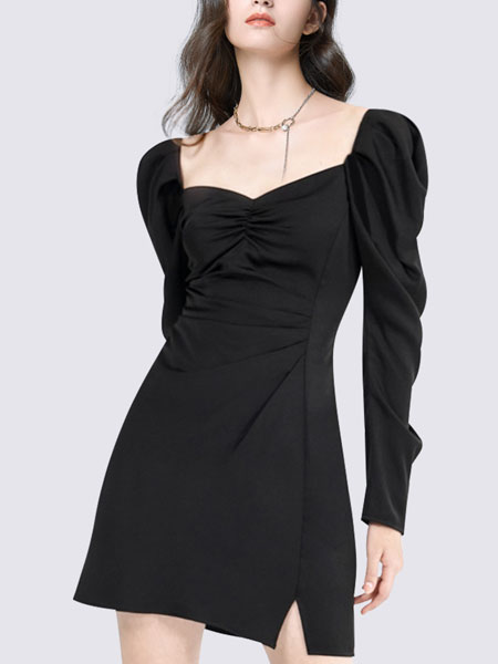 玛依尔女装品牌2022春季气质优雅短款连衣裙