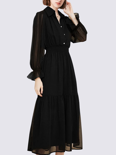 玛依尔女装品牌2022春季收腰纯色气质连衣裙