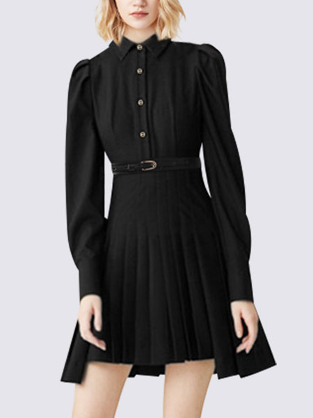 玛依尔女装品牌2022春季收腰纯色时髦连衣裙