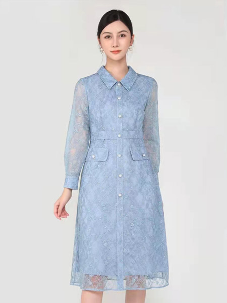 紅凱貝爾女裝品牌2022春夏藍色韓版淑女小清新蕾絲雪紡連衣裙