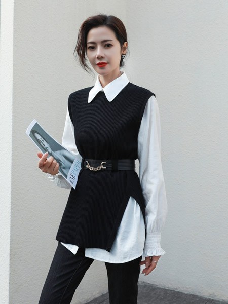 约布女装品牌2022春夏纯色黑色韩版文艺范百搭无袖两件套